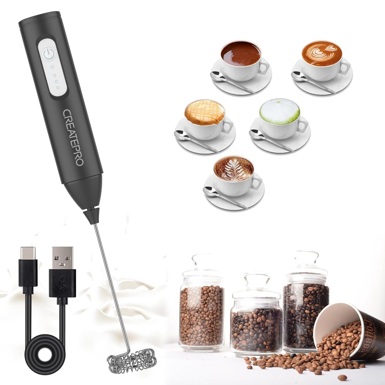 Electric Milk Frother Handheld - جهاز رغوة الحليب القابل لإعادة الشحن،